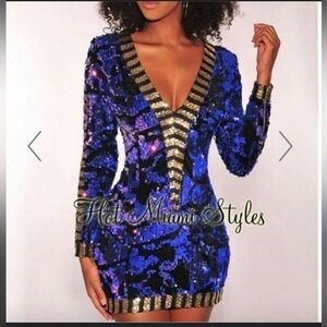 L’ ATISTE by Amy Flipping sequins iridescent blk and pink royal blue gold dress